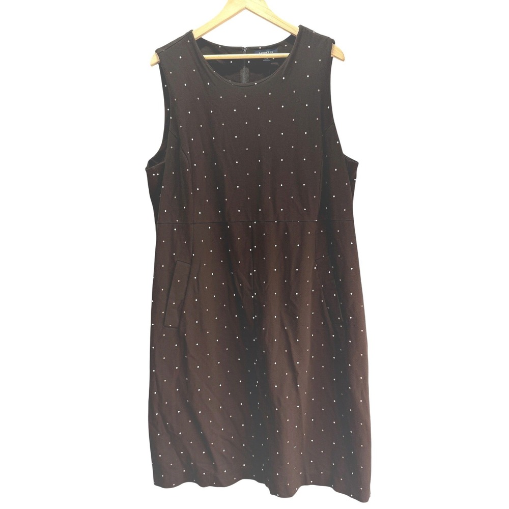 Lands End Sheath Ponte Dress Women 20W Brown Polka Dot Sleeveless Pockets Office